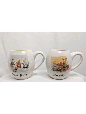 Rae Dunn By Magenta Stay Cozy & S'mort Please Mug Raccoon FoX Apples Fall Set 2